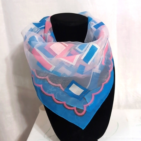 Vintage MCM Sheer Pink Blue Geometric Square Scarf - Picture 1 of 4
